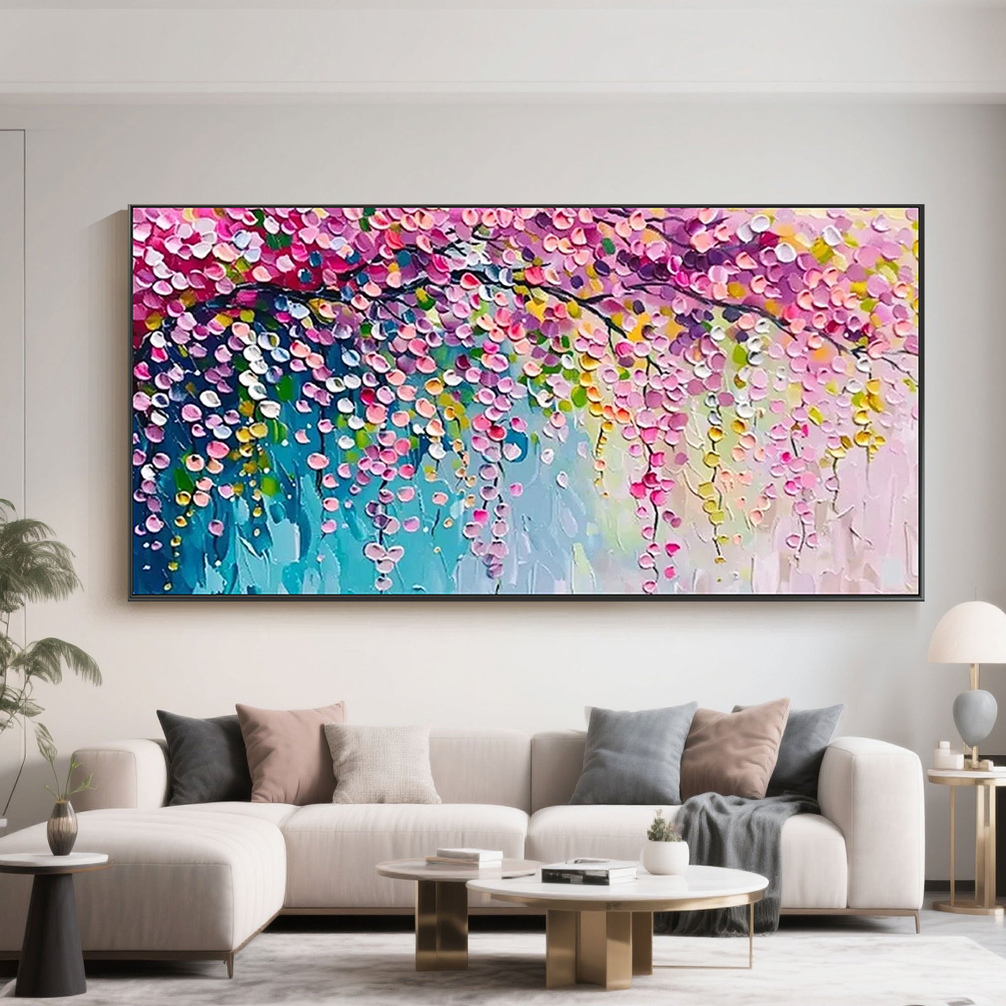 Hand-painted floral canvas art with eco-friendly acrylic, showcasing a horizontal format.