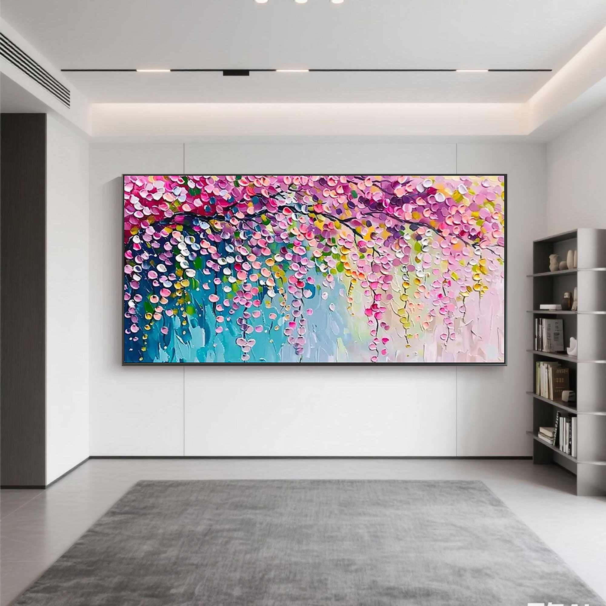 'Petal Veil' abstract floral painting in a modern living room, horizontal orientation.