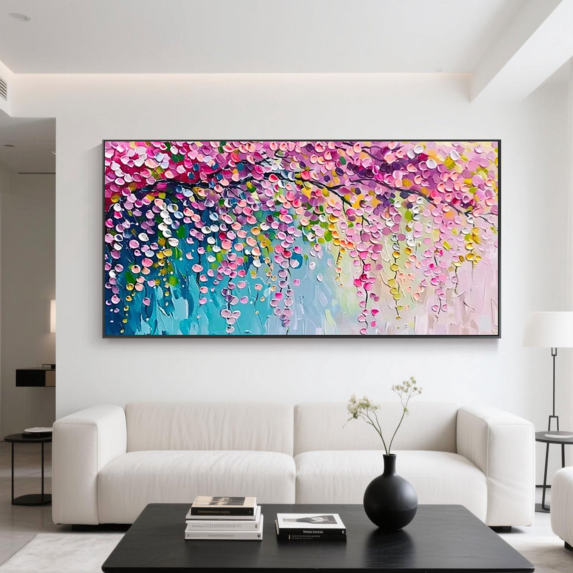 A detailed shot of the soft, layered acrylic palette knife texture on 'Petal Veil'.