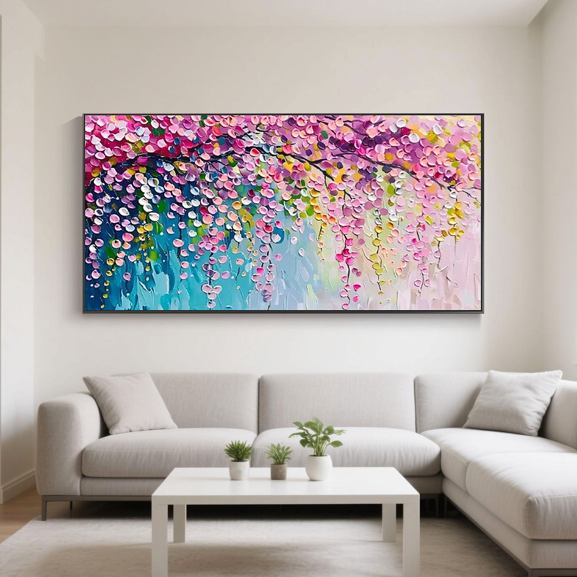 'Petal Veil' abstract floral canvas art displayed above a modern sectional sofa.
