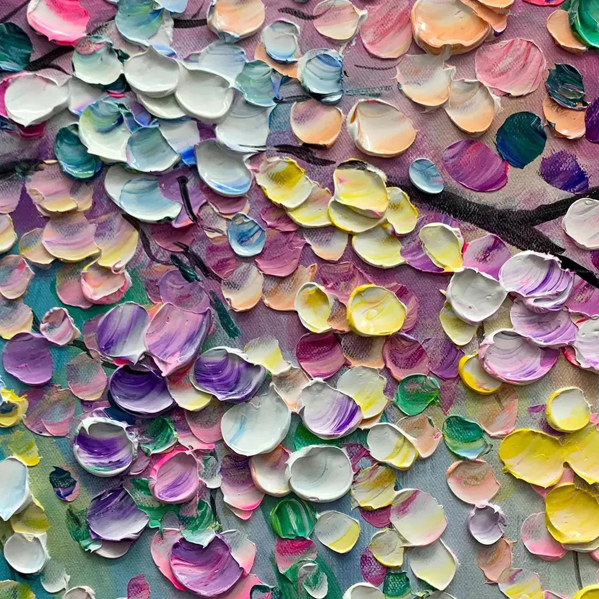 Close-up of the colorful impasto palette knife texture of 'Petal Veil' canvas art.