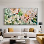 Serenia floral art above a sofa in a stylish living room setting.