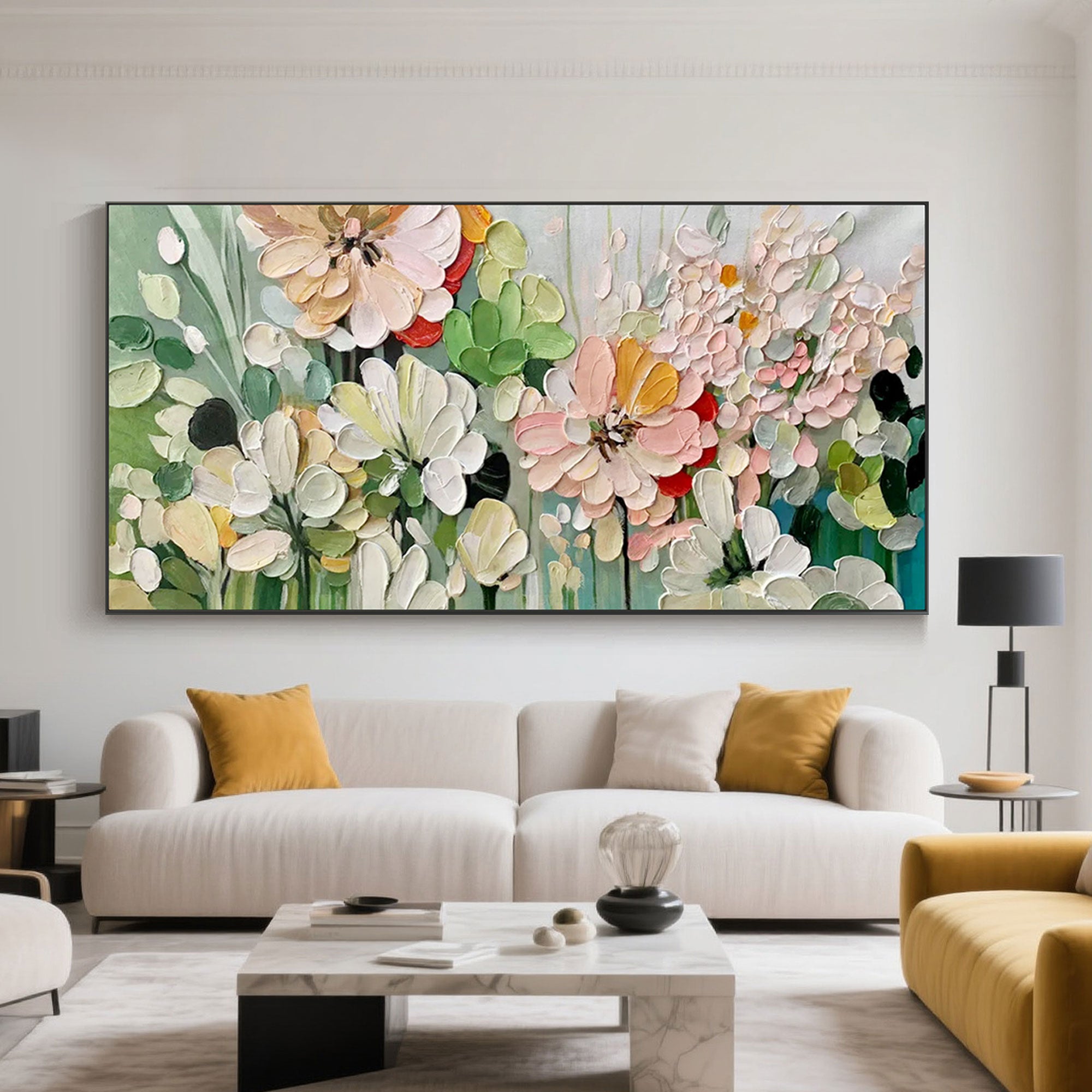 Serenia floral art above a sofa in a stylish living room setting.