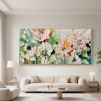 Serenia, a textured floral painting in green, white, and pink tones.