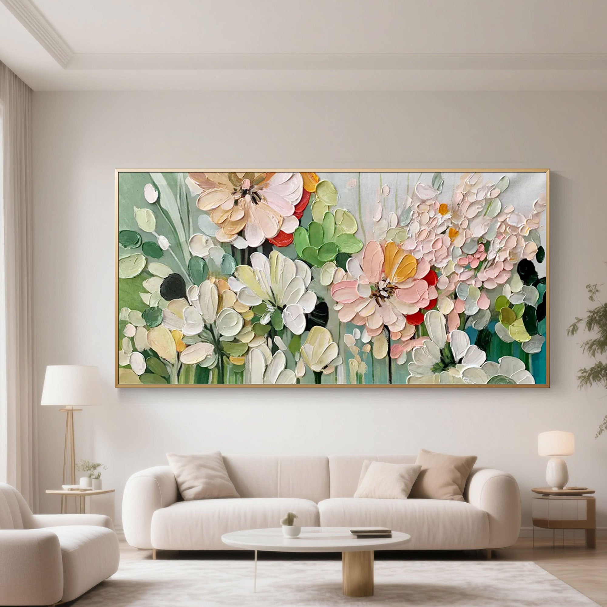 Serenia, a textured floral painting in green, white, and pink tones.
