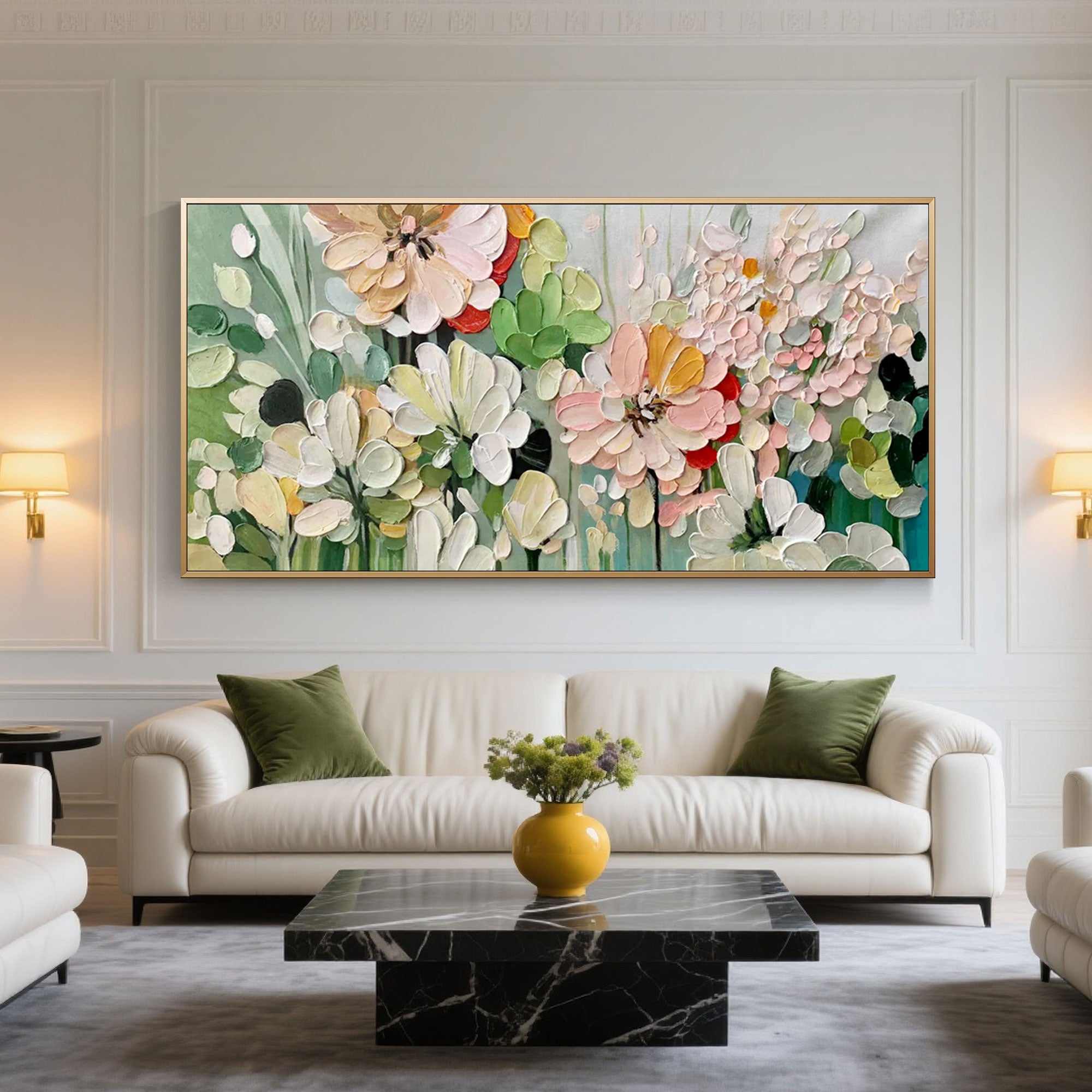 Serenia hand-painted floral art in a living room with classic decor.