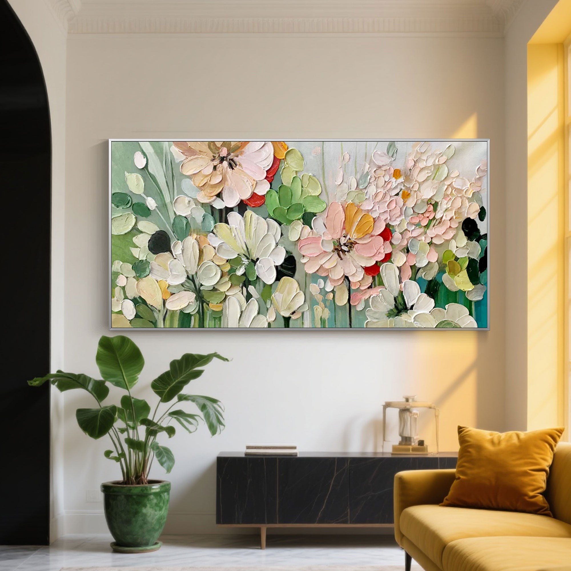 Serenia colorful floral canvas art displayed in a modern living room.