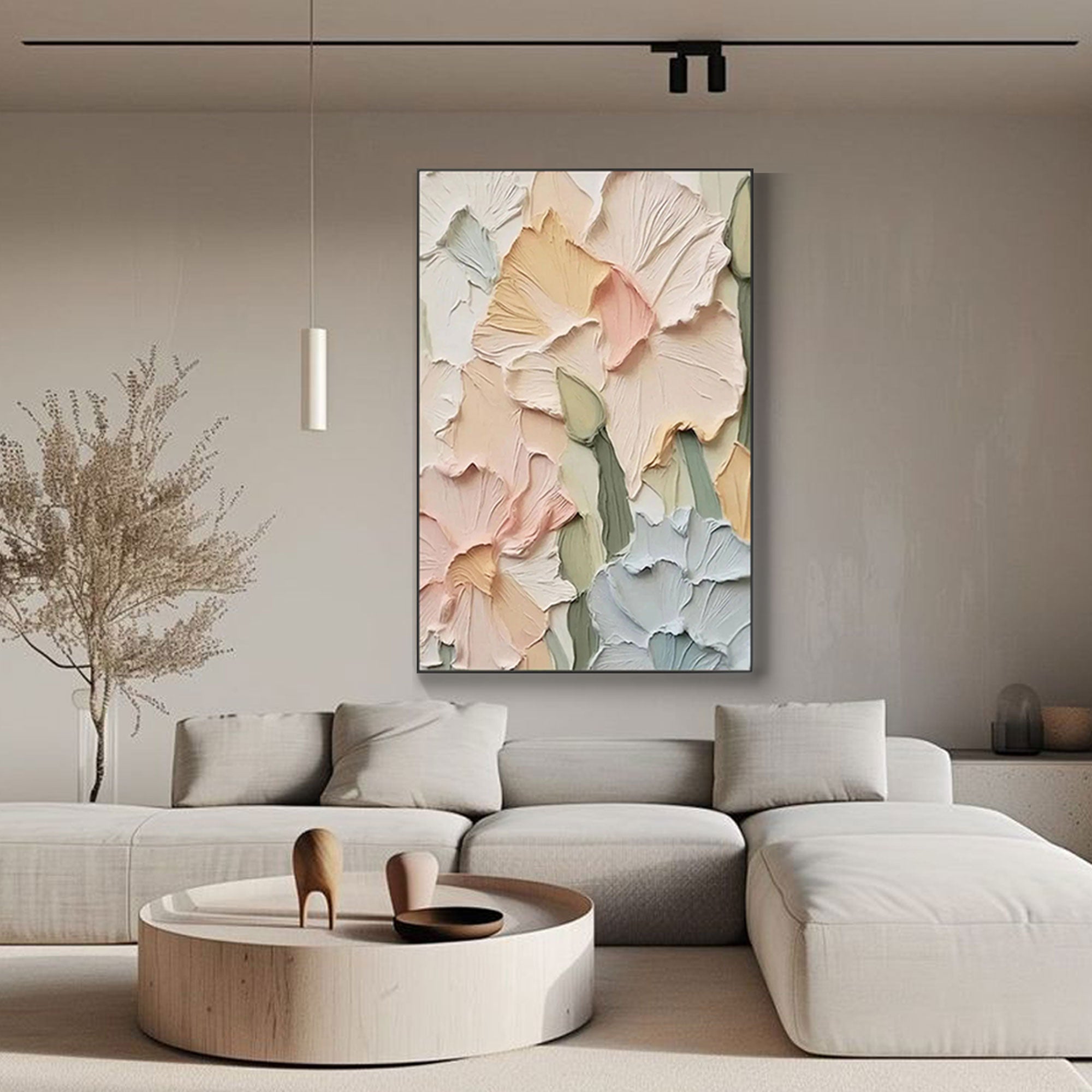 Floral textured canvas art in a living room setting with a gold frame.