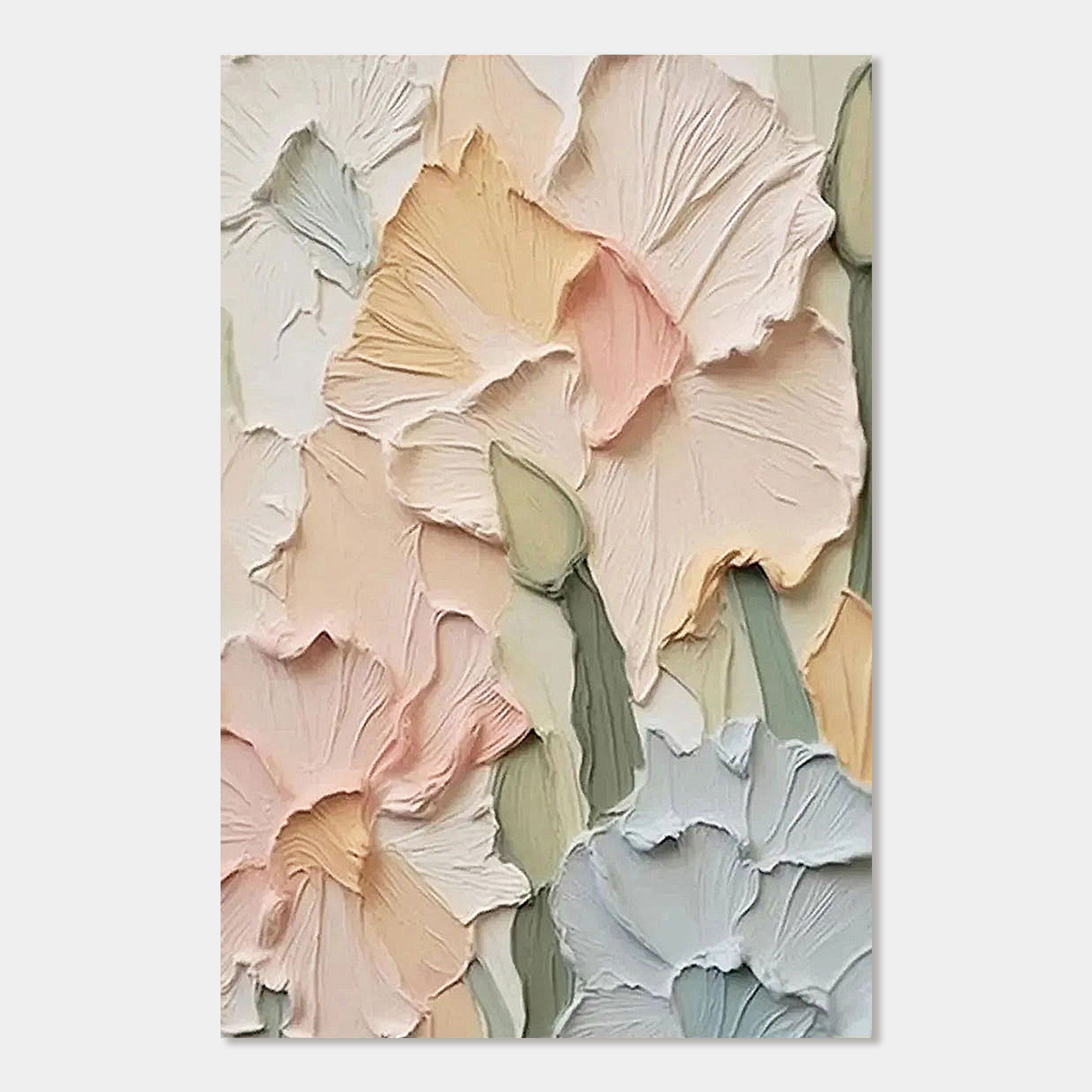 Close-up of a 3D textured floral painting with pink, yellow, and blue petals.