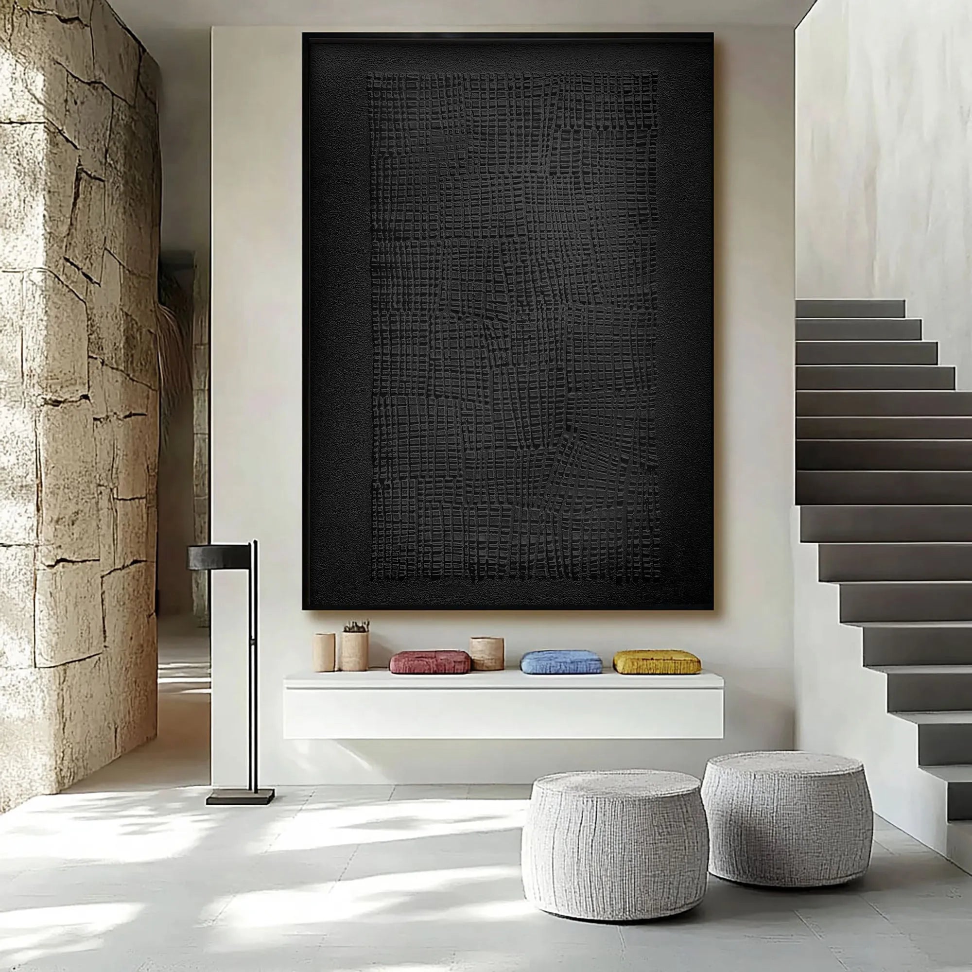 A bold black acrylic painting rendered in a vertical format, merging minimalism with Wabi-Sabi charm through visibly imperfect, tactile brushwork. This contemporary abstract piece introduces a quiet drama into modern interiors, whether hung in a refined living space or a stylish office, emphasizing authenticity and timeless design.