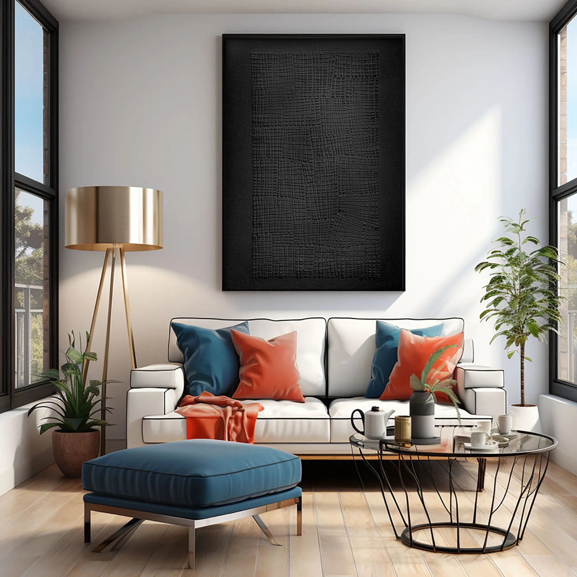 Featuring a textured black surface on a vertically stretched canvas, this modernist minimal abstract painting embodies Wabi-Sabi ideals through irregular brushstrokes and raw detail. Ideal for those seeking a calm yet impactful statement, it complements modern interiors, reception areas, or curated gallery walls with a subtle artistic flair.