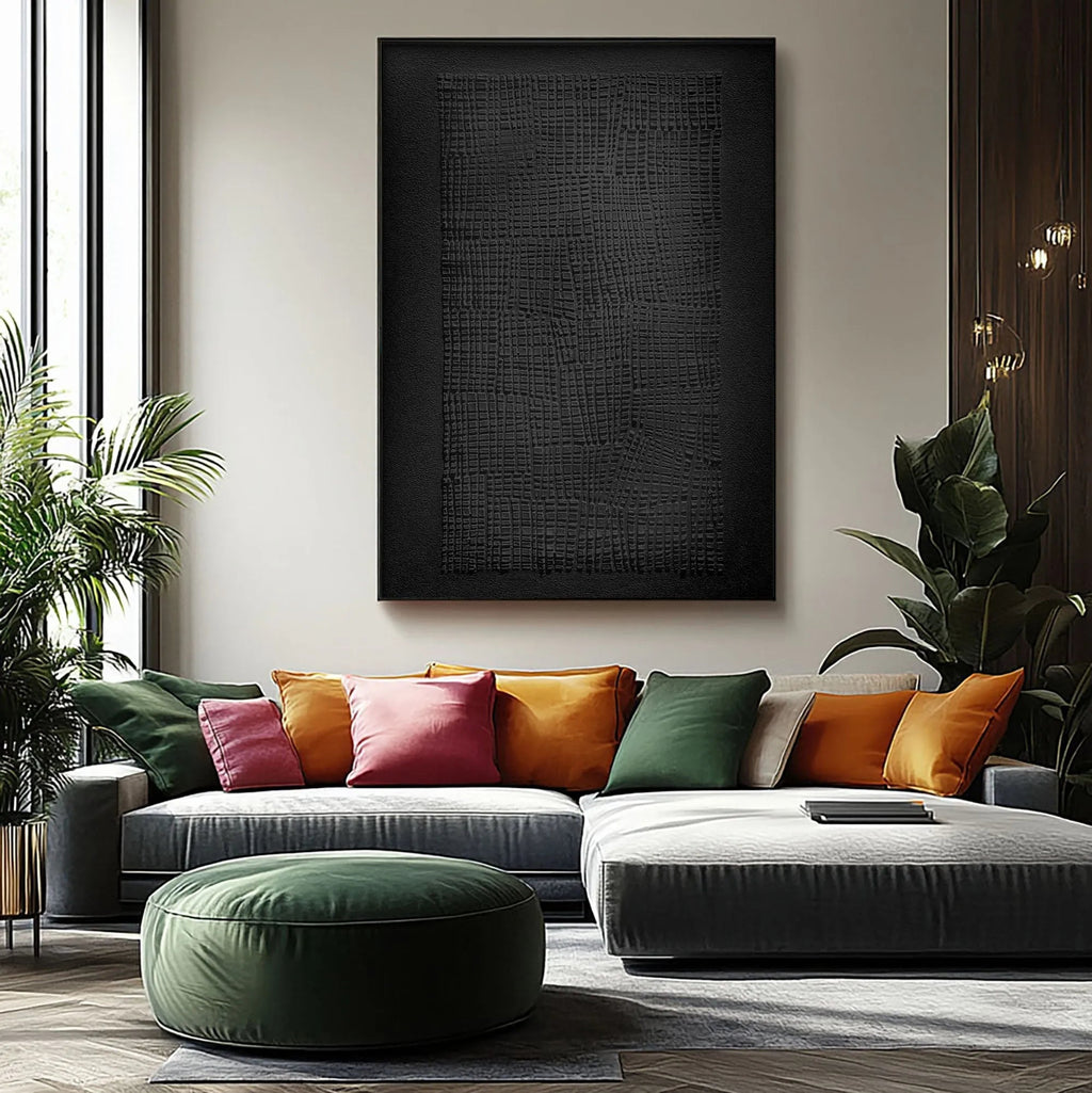 Hand-painted in deep black tones, this vertical acrylic composition highlights organic texture and minimalist Wabi-Sabi principles. Its gently uneven surface evokes natural imperfection, making it a striking yet understated choice for contemporary living rooms, upscale offices, or gallery-style lofts desiring an elegant focal point.