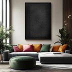 Hand-painted in deep black tones, this vertical acrylic composition highlights organic texture and minimalist Wabi-Sabi principles. Its gently uneven surface evokes natural imperfection, making it a striking yet understated choice for contemporary living rooms, upscale offices, or gallery-style lofts desiring an elegant focal point.
