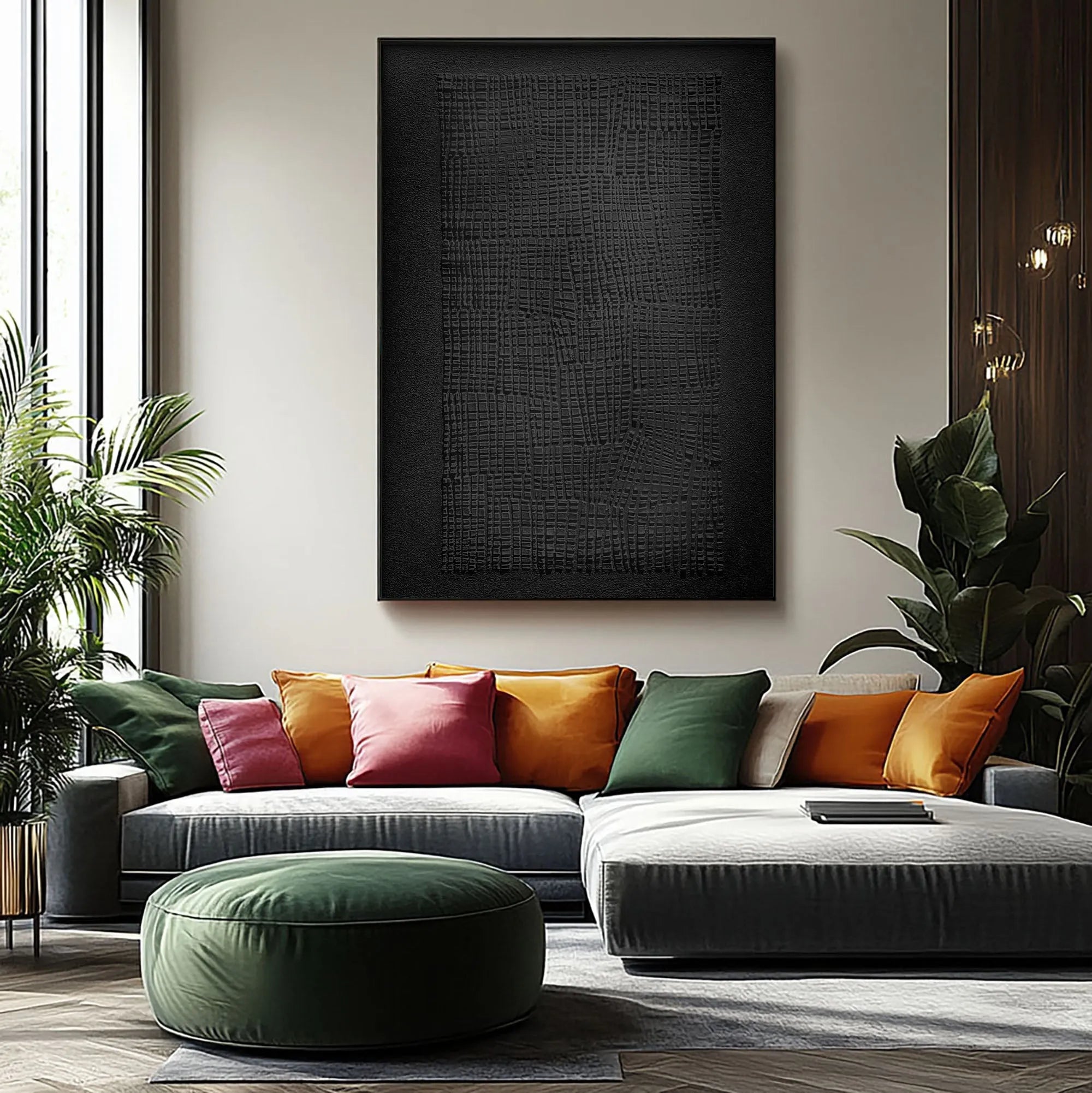 Hand-painted in deep black tones, this vertical acrylic composition highlights organic texture and minimalist Wabi-Sabi principles. Its gently uneven surface evokes natural imperfection, making it a striking yet understated choice for contemporary living rooms, upscale offices, or gallery-style lofts desiring an elegant focal point.