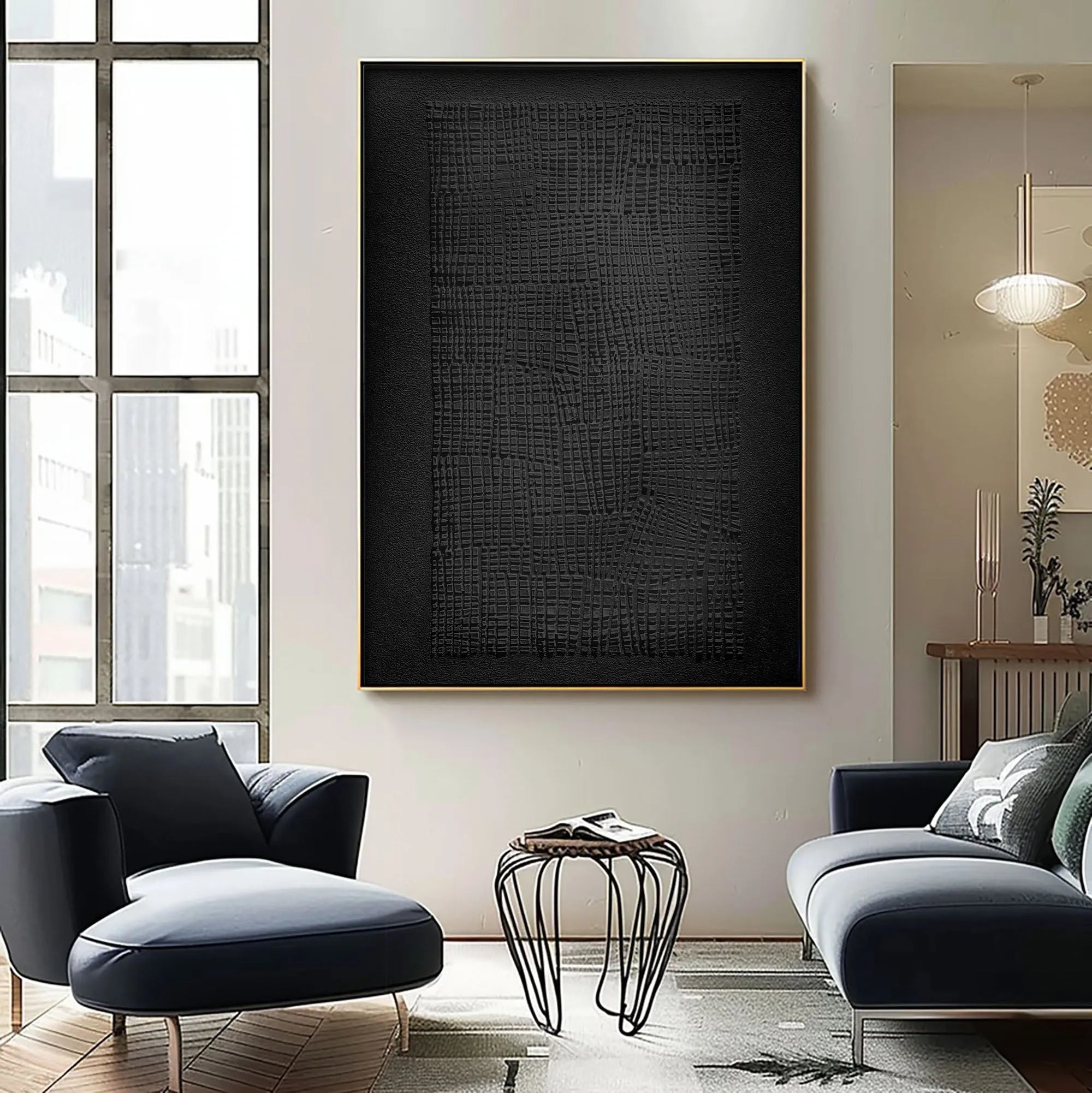 An abstract black acrylic painting showcasing Wabi-Sabi aesthetics on a tall canvas, where subtle irregular patterns and minimalist design celebrate the beauty of imperfection. Perfect for modern or Japandi-inspired spaces, this piece offers a refined contrast against neutral walls and brings depth to bedrooms, hallways, or creative studios.
