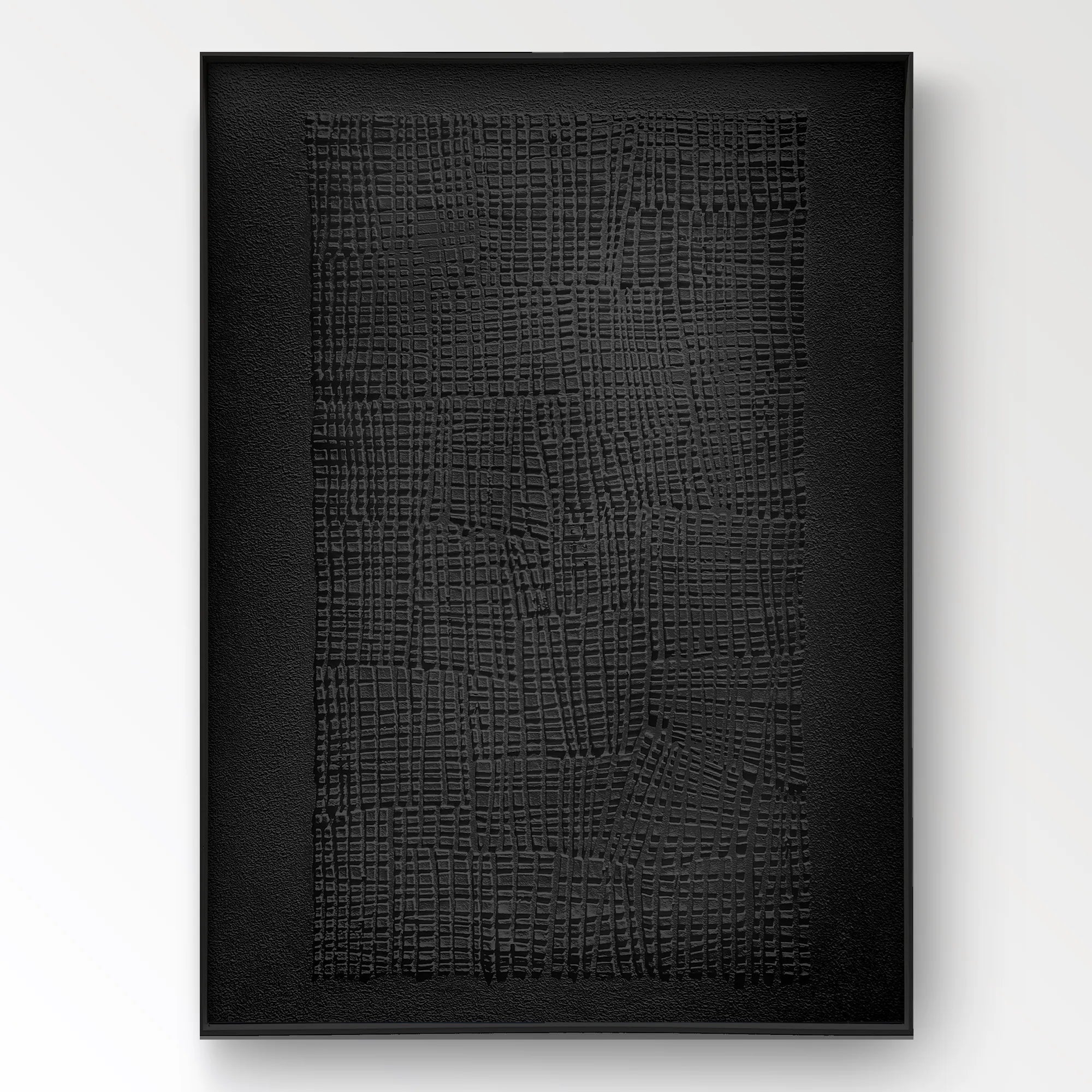 A vertically oriented, hand-painted black acrylic artwork that embraces Wabi-Sabi minimalism through raw, imperfect textures and understated brushstrokes. This modernist abstract piece adds a serene yet bold statement to contemporary interiors, ideal for living rooms or offices seeking a calm, sophisticated focal point.