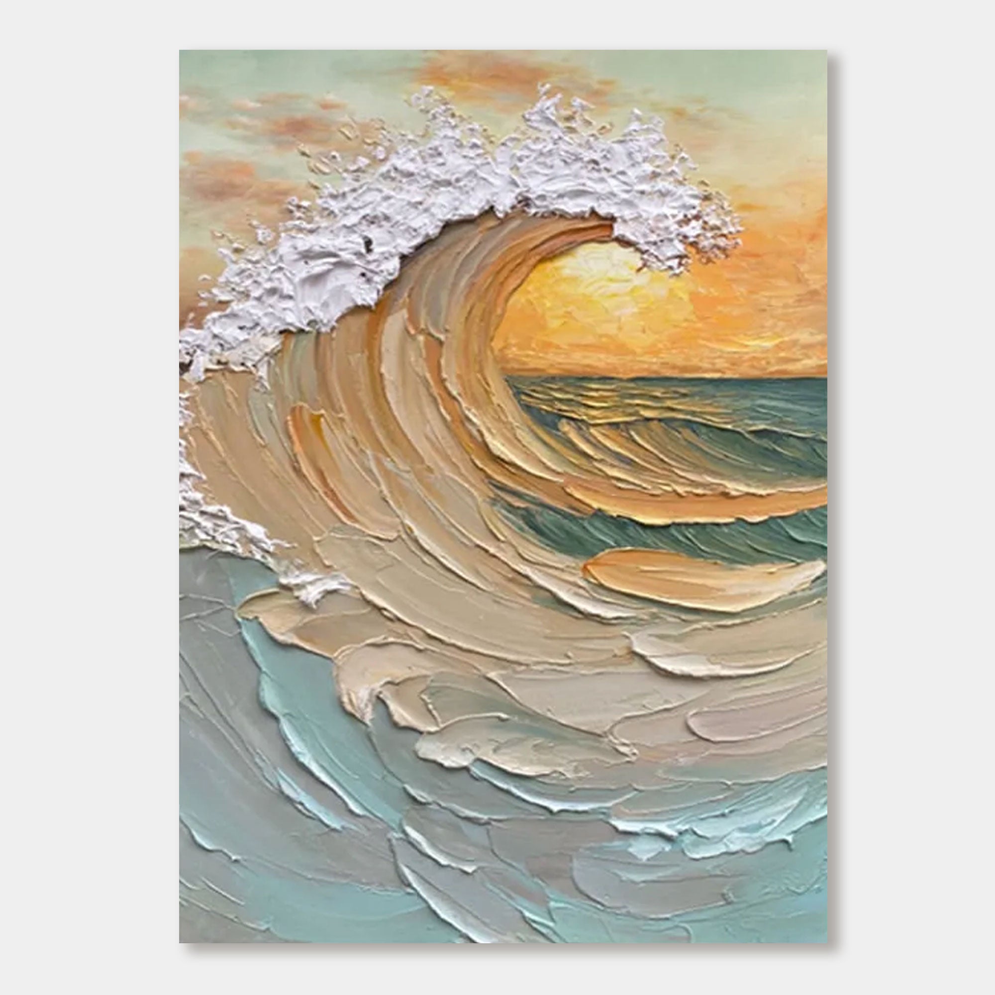 Tidal Dusk canvas art featuring impasto wave and sunset.