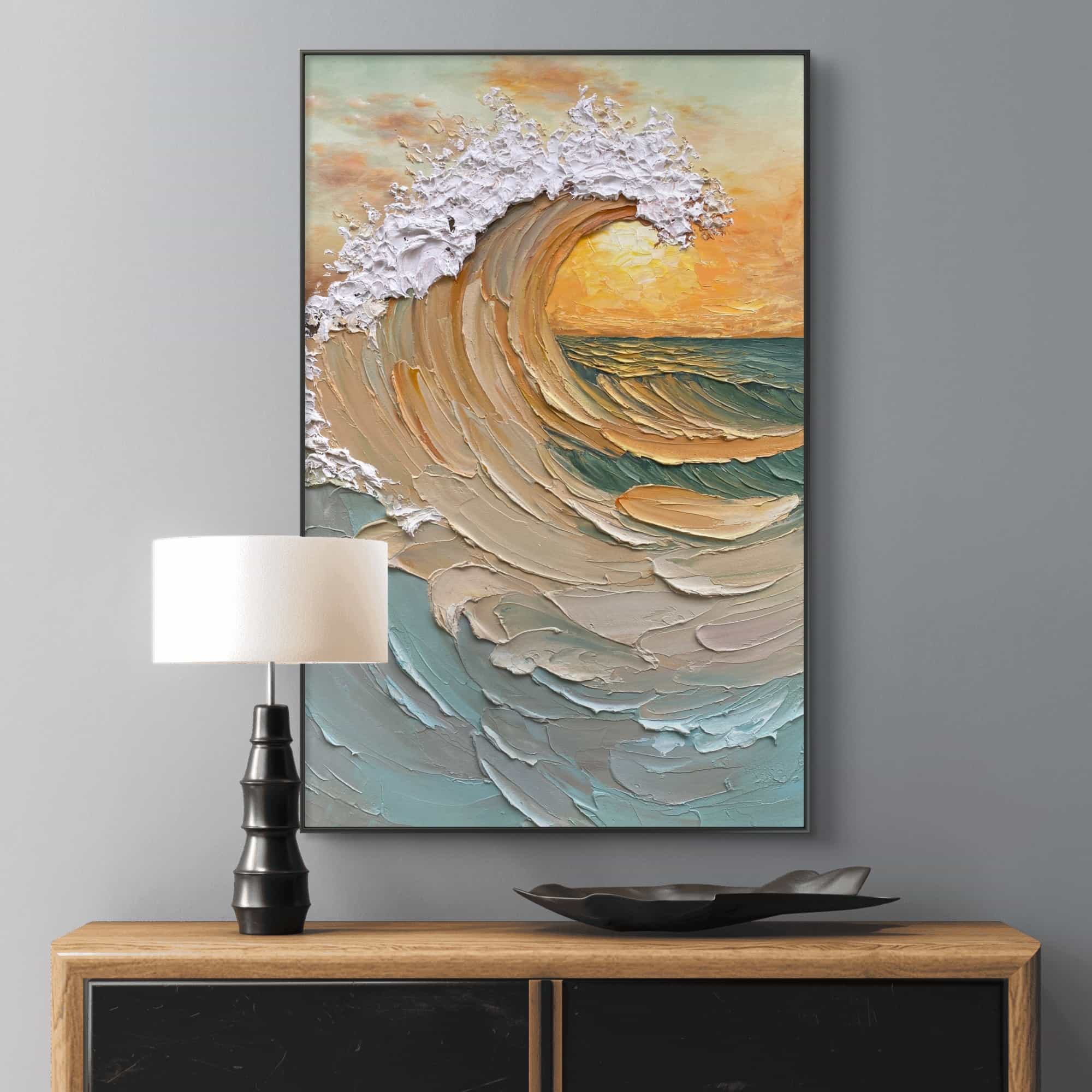 Expressionist Wave Wall Art in Beige and Blue | Vertical 3D Ocean