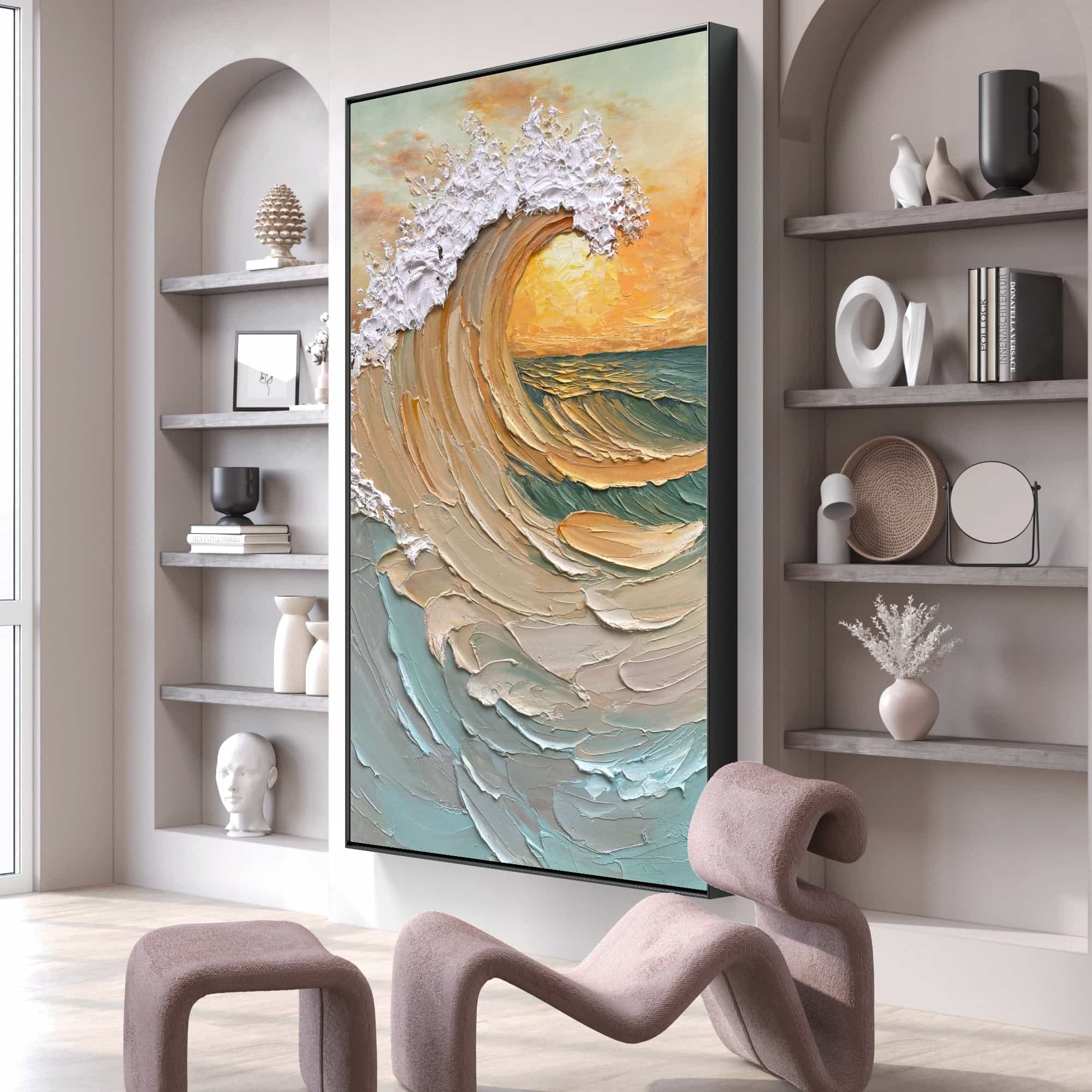 Expressionist Wave Wall Art in Beige and Blue | Vertical 3D Ocean