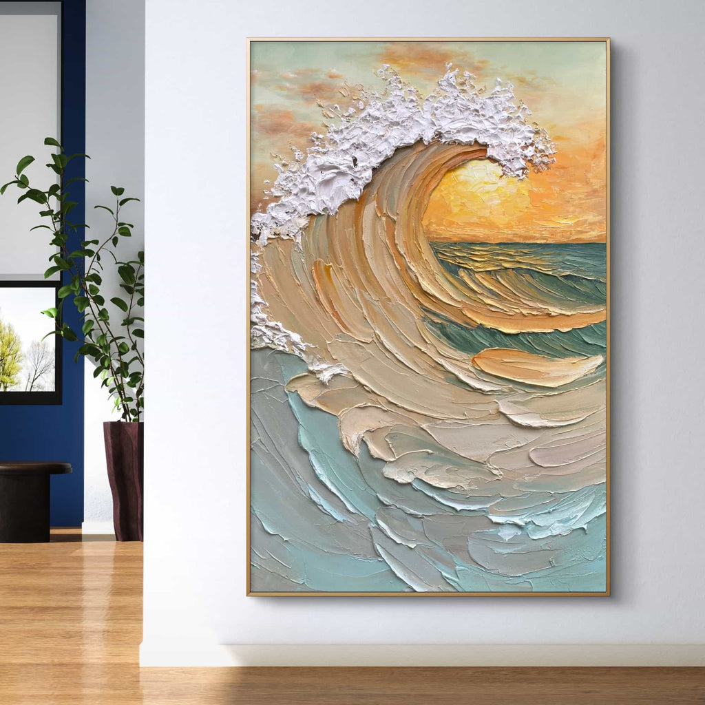 Framed Tidal Dusk seascape art in modern living room.