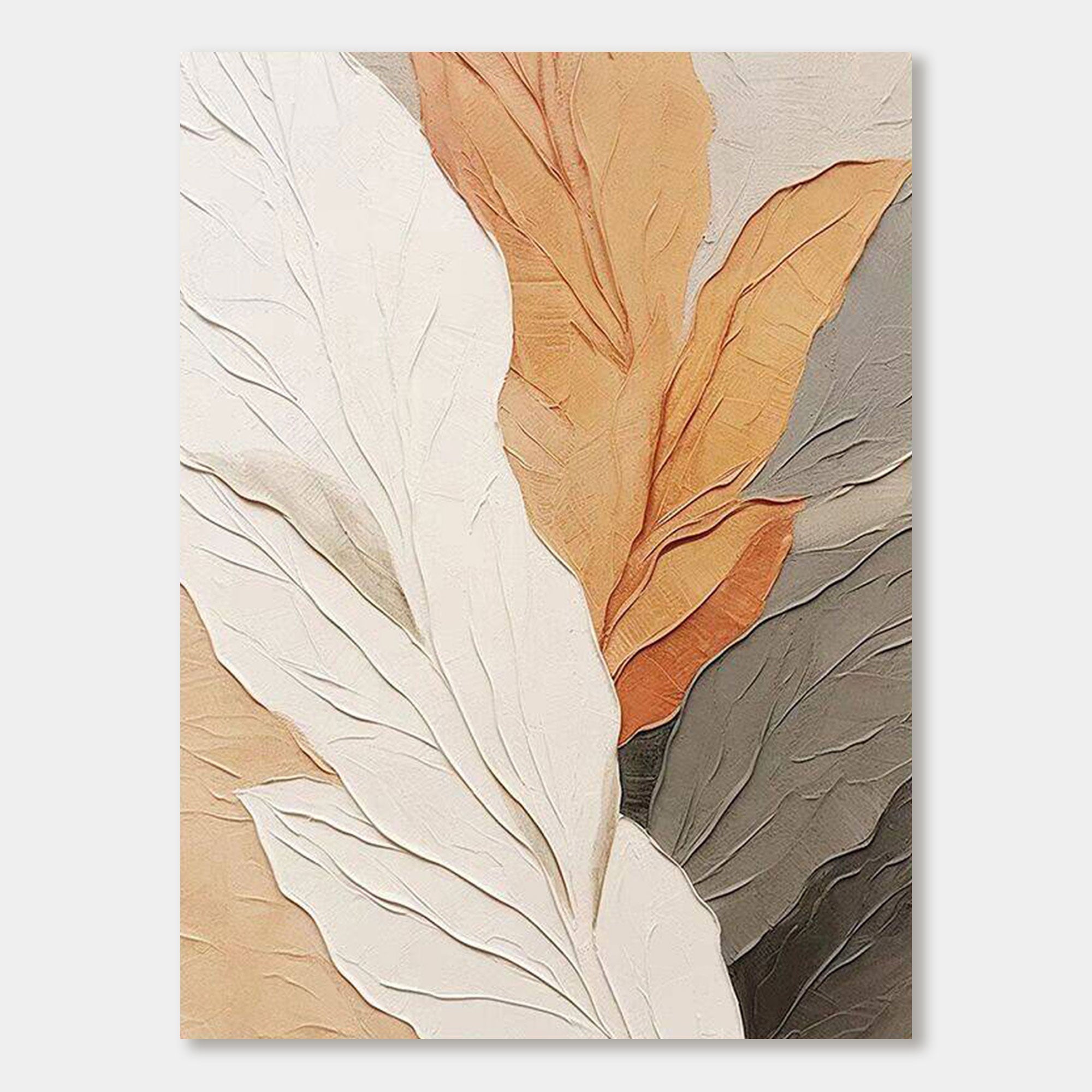 This painting features abstract overlapping leaf forms rendered in flowing organic curves. The palette combines creamy white, caramel, beige, and charcoal tones to evoke a serene, earthy atmosphere. It captures minimalist elegance through botanical abstraction.