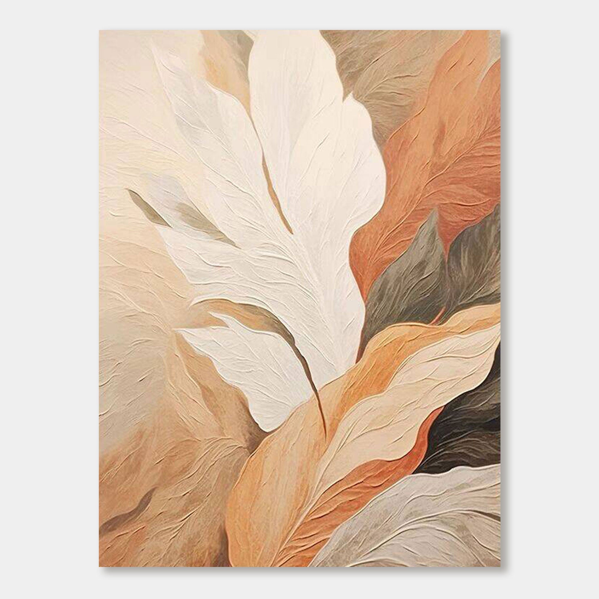 Vertical abstract botanical wall art featuring softly layered leaves in neutral beige, cream, and caramel tones, hand-painted with textured strokes on museum-grade canvas, ideal for modern interiors and organic-inspired wall decor.