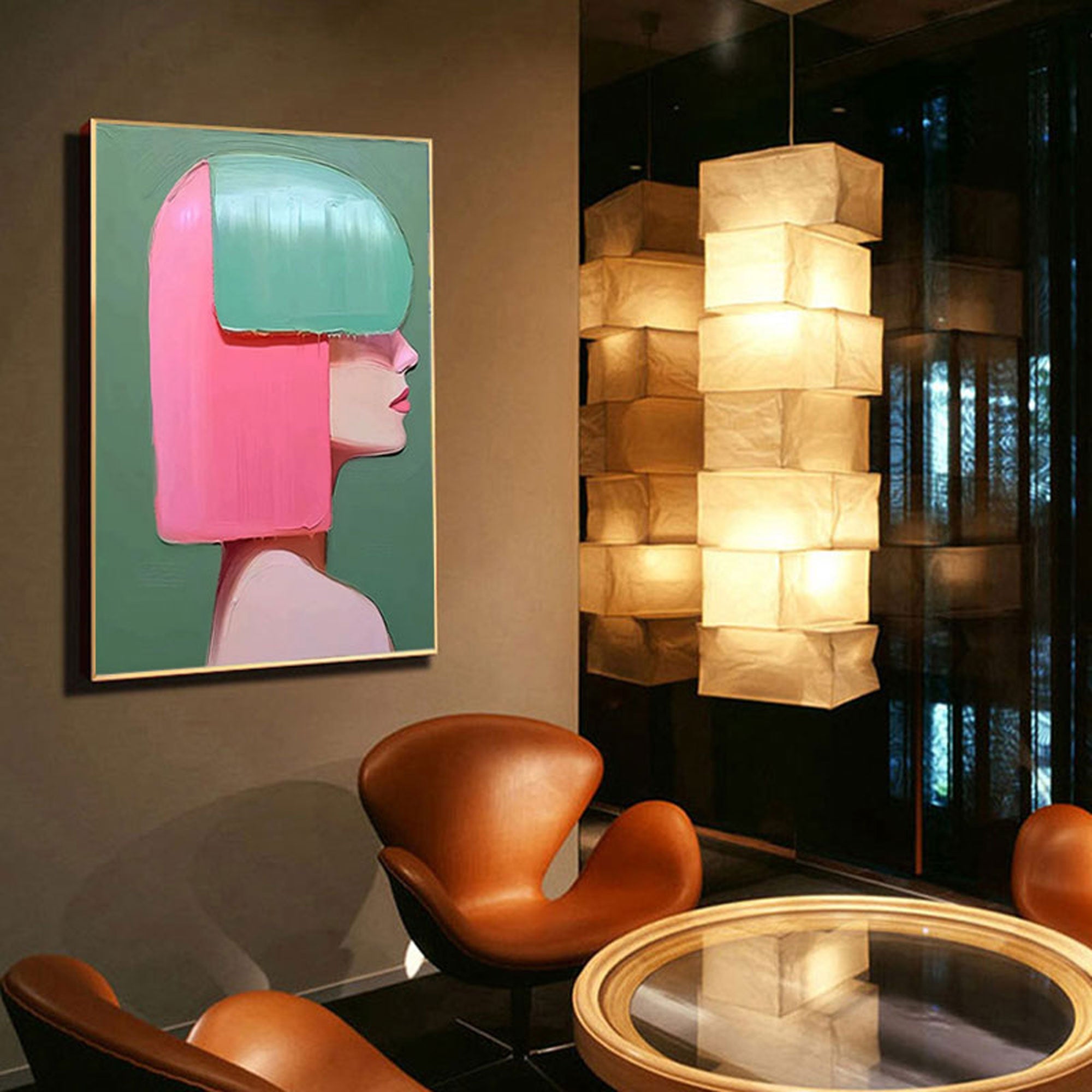 Profile of a stylized woman with pink hair and green blouse, painted in flat color blocks on hand-stretched canvas.