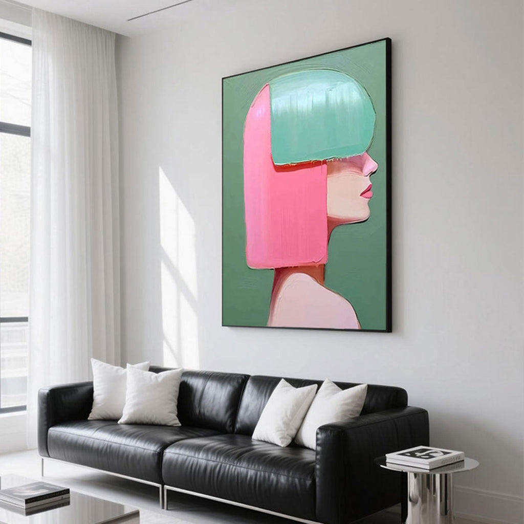 Abstract female portrait in pink and teal tones, minimalist style, hand-painted on vertical canvas, ideal for modern home decor.