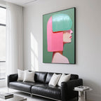 Abstract female portrait in pink and teal tones, minimalist style, hand-painted on vertical canvas, ideal for modern home decor.