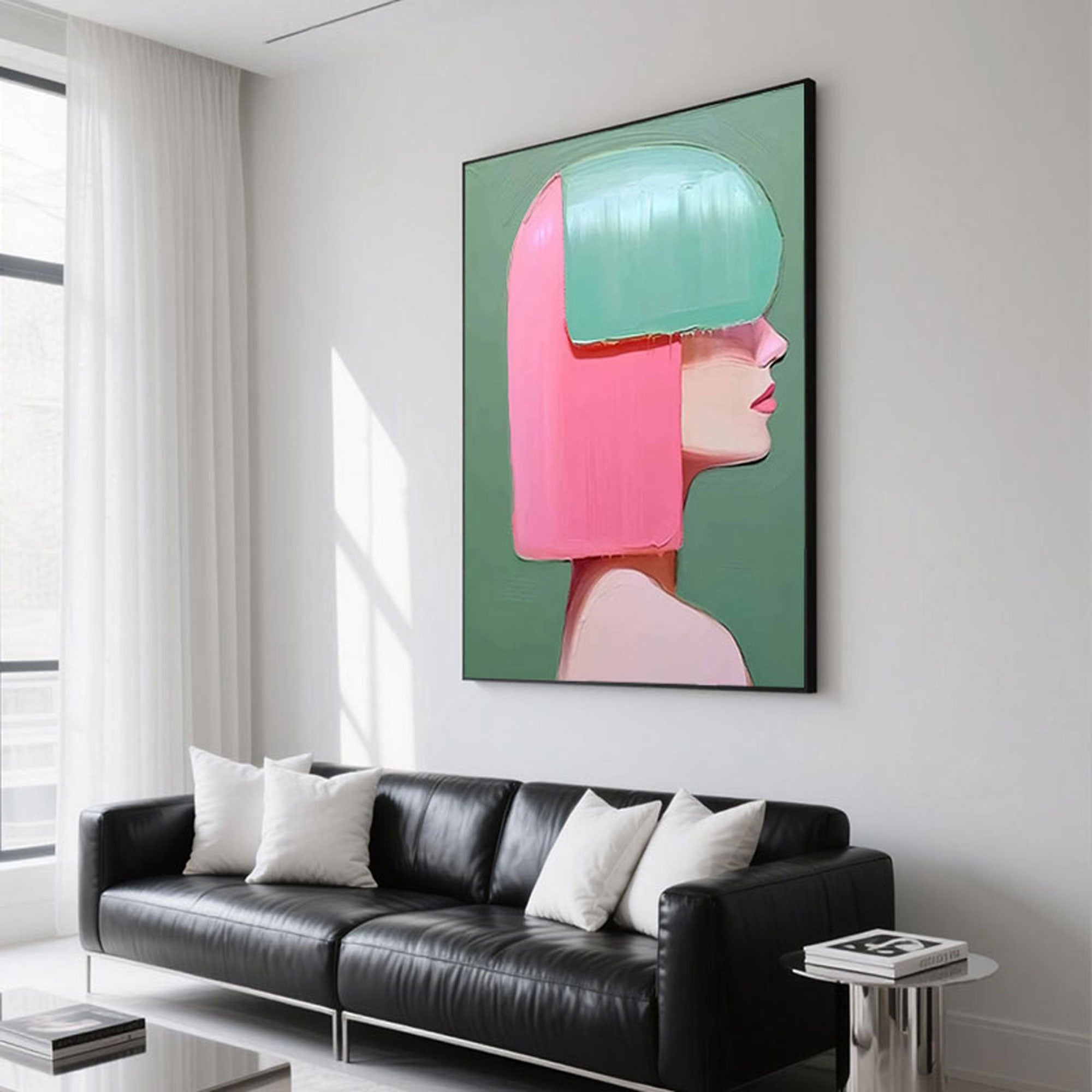 Abstract female portrait in pink and teal tones, minimalist style, hand-painted on vertical canvas, ideal for modern home decor.