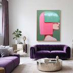 Artistic Contemplation portrait canvas hung in a black-and-white minimalist room, adding bold color and contemporary vibe.