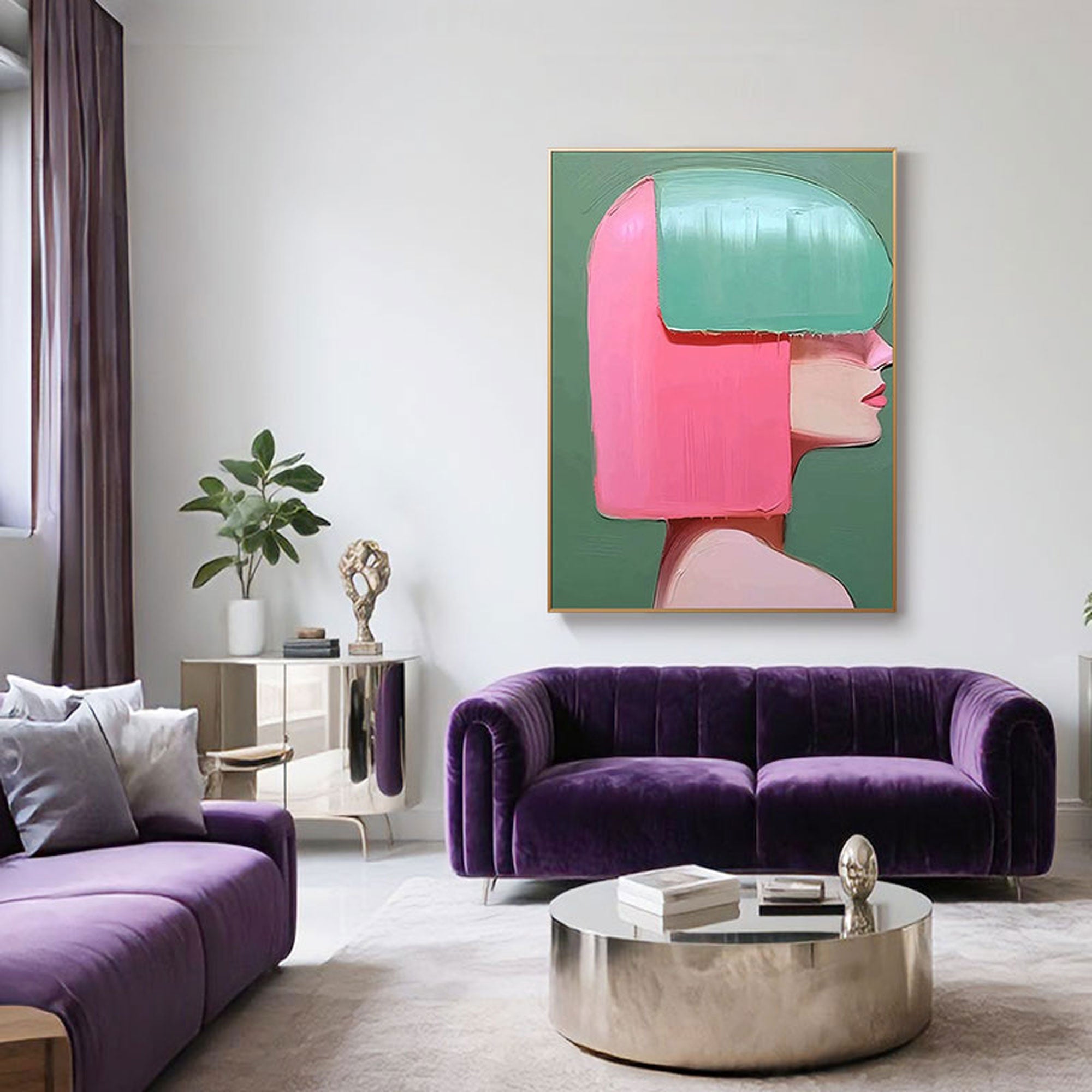 Artistic Contemplation portrait canvas hung in a black-and-white minimalist room, adding bold color and contemporary vibe.