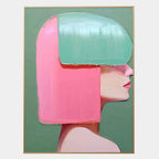Close-up of thick brushwork and impasto texture showing facial profile and stylized hair in vibrant pink against soft green.