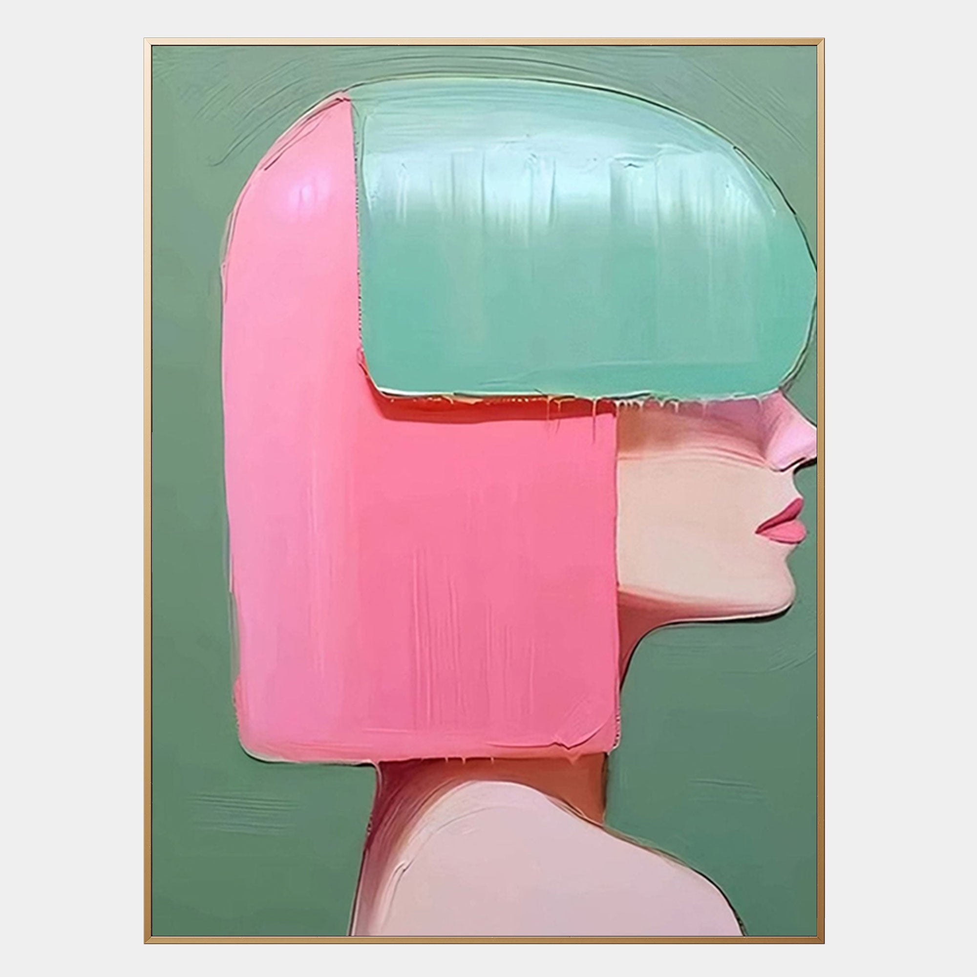 Close-up of thick brushwork and impasto texture showing facial profile and stylized hair in vibrant pink against soft green.
