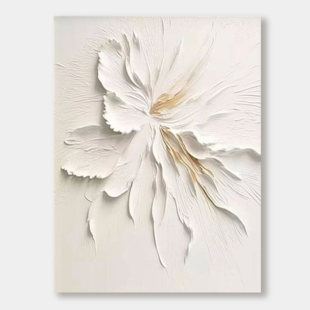White minimalist floral canvas painting 'Quiet Grace' by Lumi Gallery with textured petals