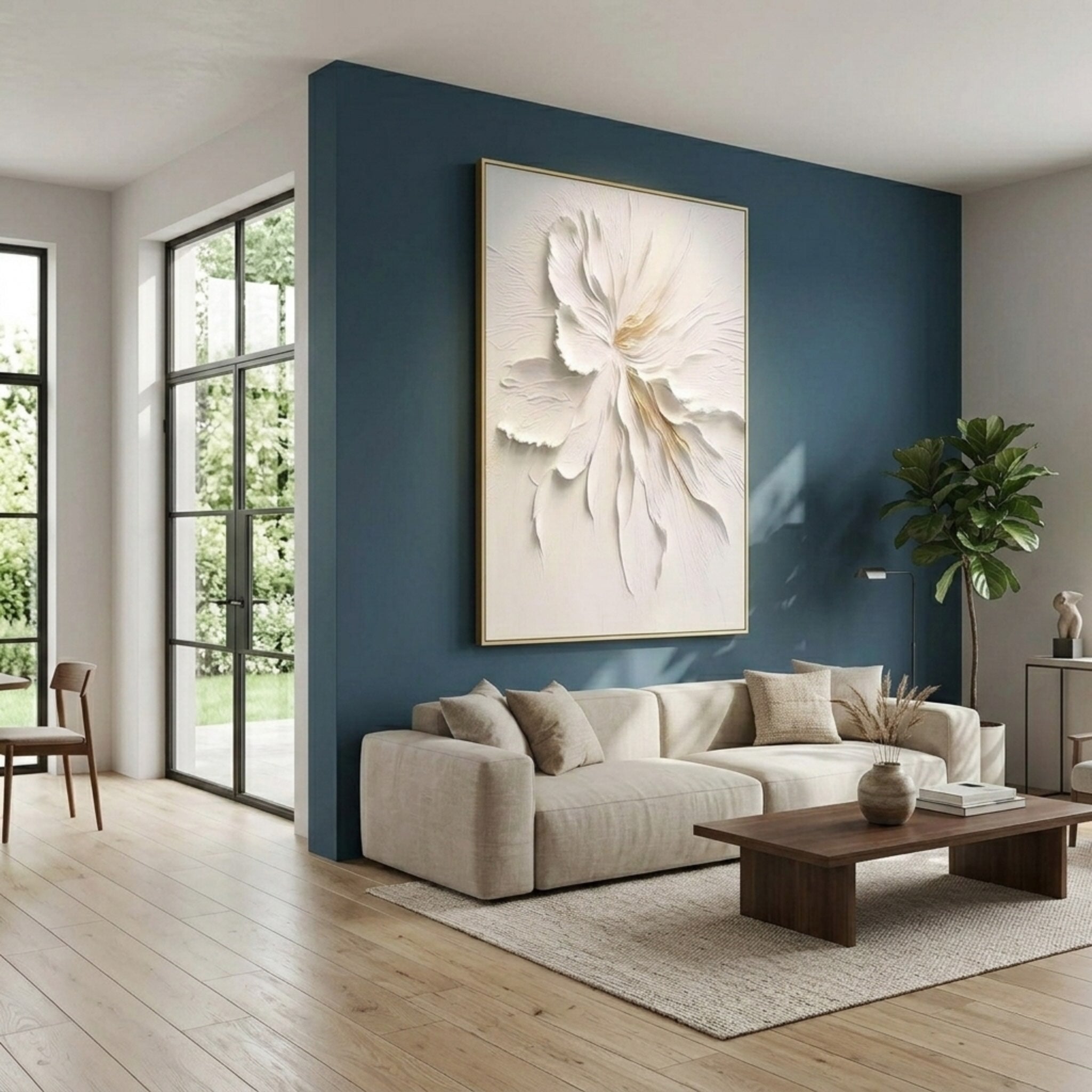 Lumi Gallery's minimalist floral canvas art 'Quiet Grace' with white flower on blue wall in modern living room