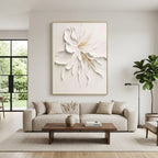 Minimalist floral canvas art 'Quiet Grace' by Lumi Gallery - textured white flower painting in modern living room