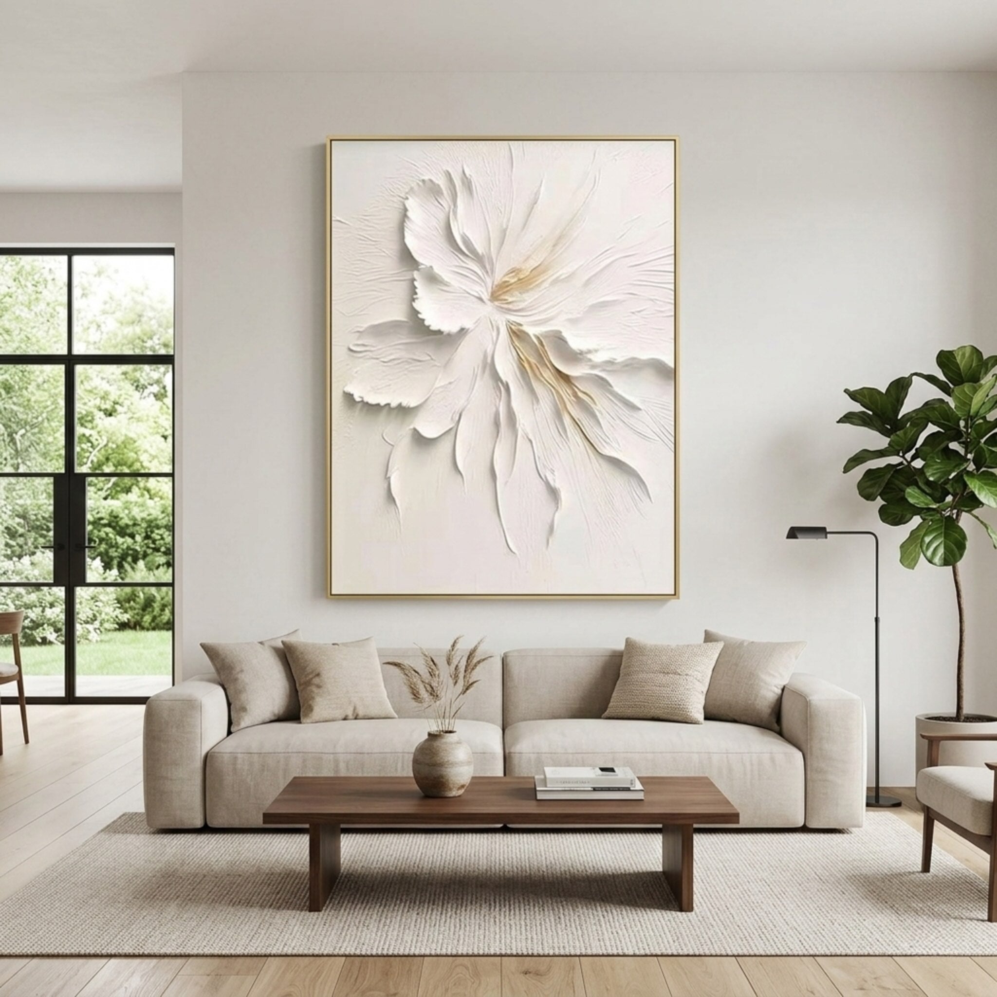 Minimalist floral canvas art 'Quiet Grace' by Lumi Gallery - textured white flower painting in modern living room