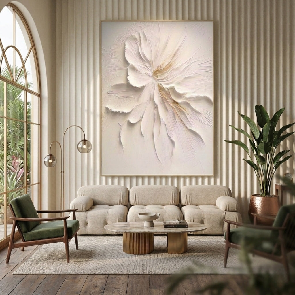Minimalist floral canvas art 'Quiet Grace' by Lumi Gallery - textured white flower in modern living room
