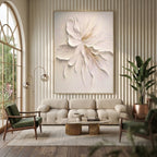 Minimalist floral canvas art 'Quiet Grace' by Lumi Gallery - textured white flower in modern living room
