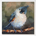 Titmouse bird oil painting in blue and white tones, hand-painted on a square canvas for modern home decor.