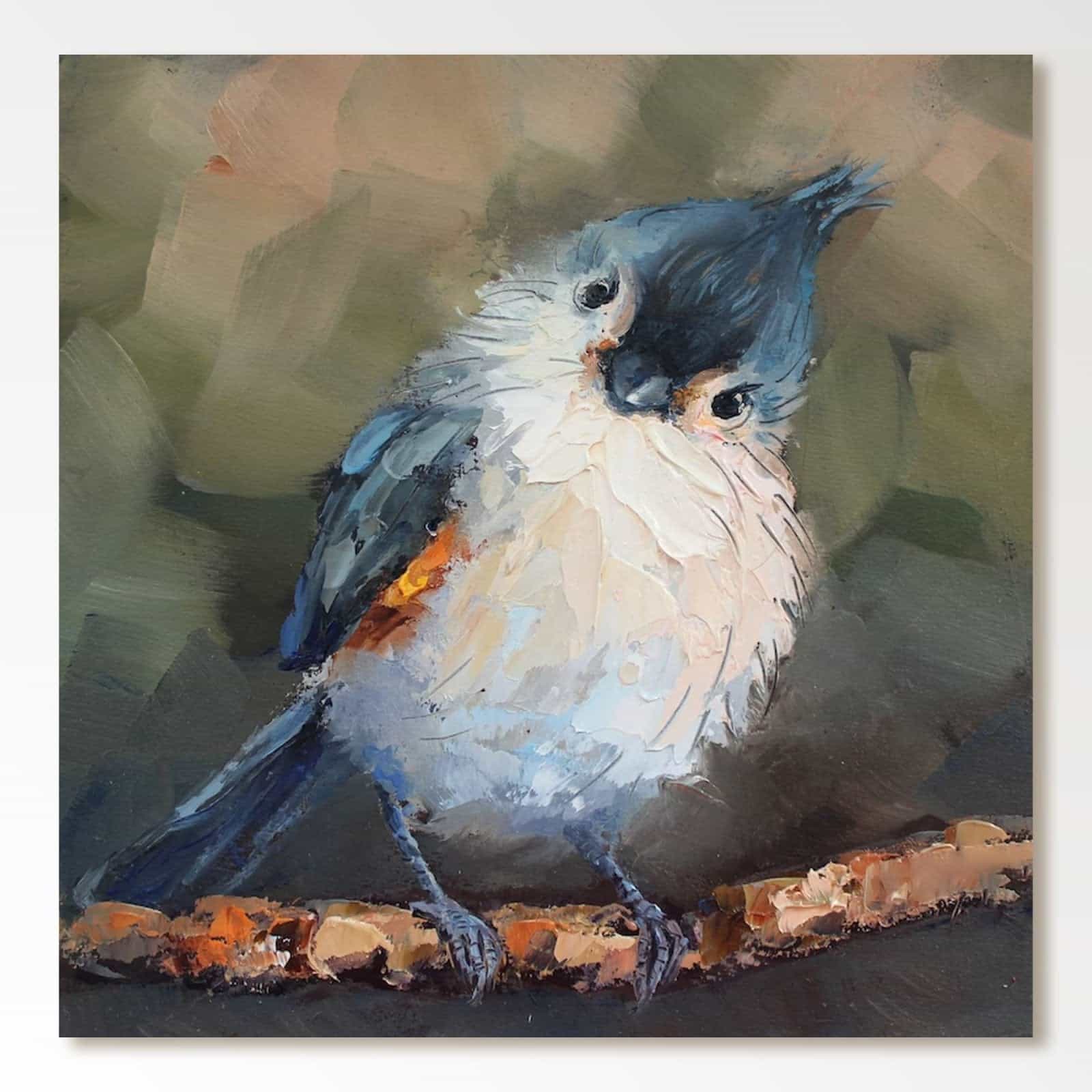 Titmouse bird oil painting in blue and white tones, hand-painted on a square canvas for modern home decor.