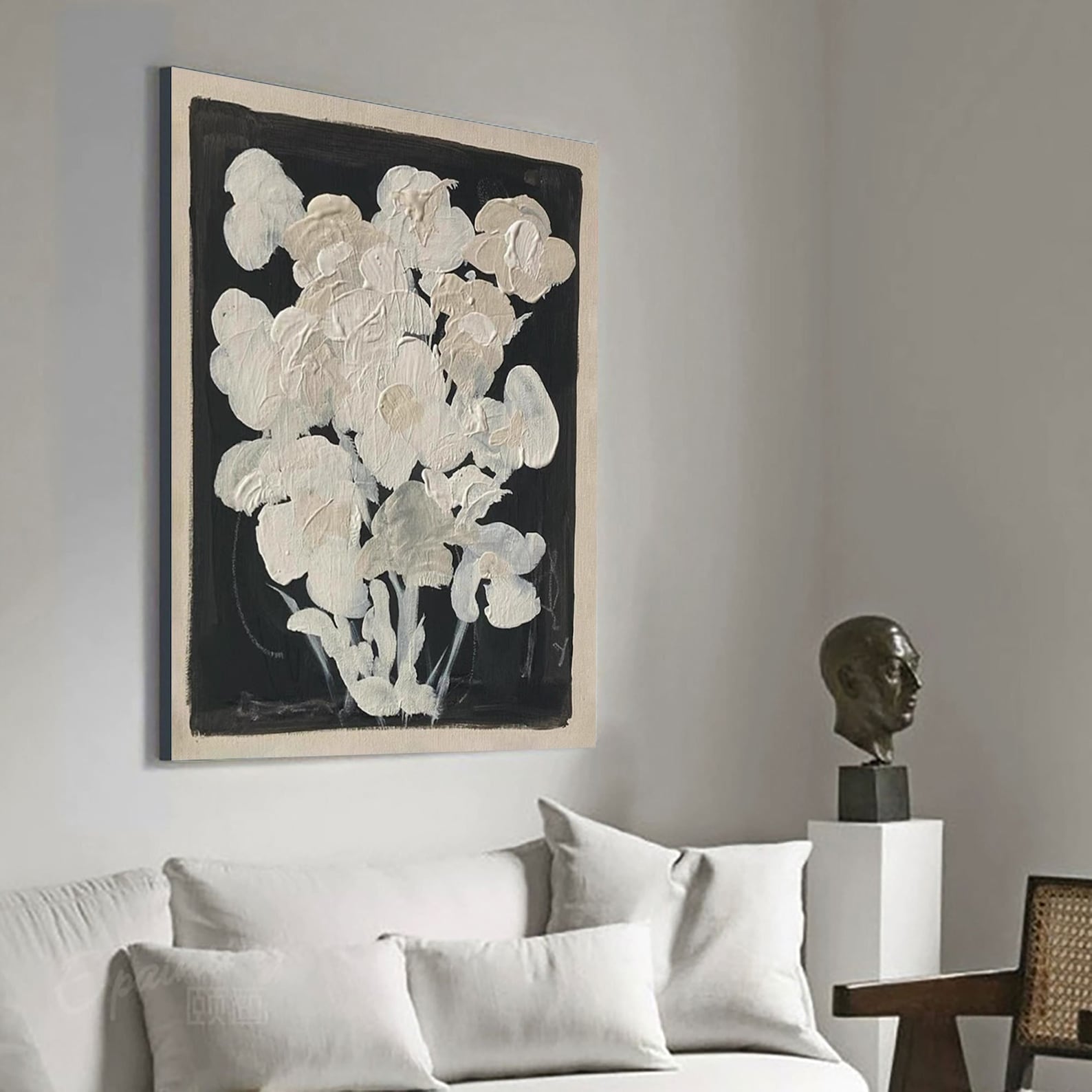 Vintage Mid-Century Floral Black and White Canvas Painting #FL012