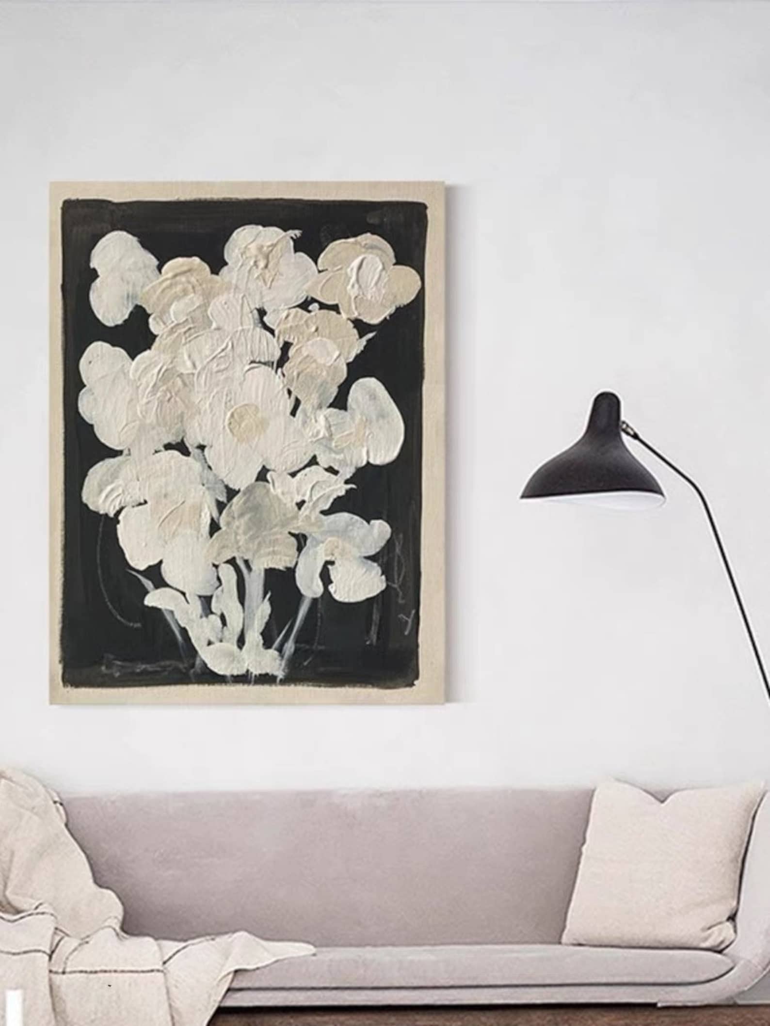 Vintage Mid-Century Floral Black and White Canvas Painting #FL012
