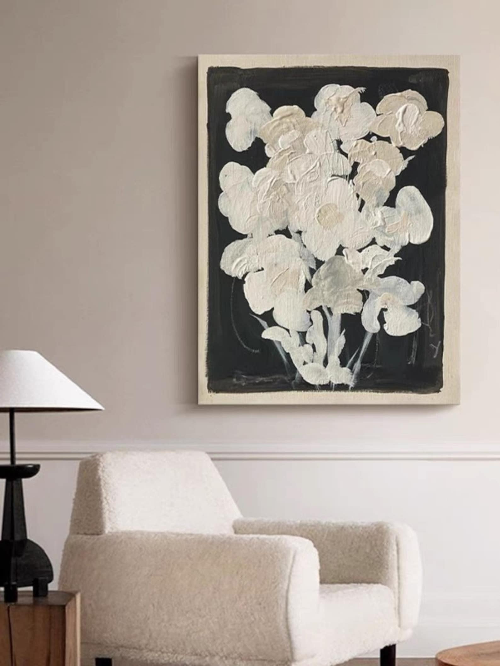 Abstract floral oil painting on premium canvas, showcasing neutral color contrasts for a refined, understated look.