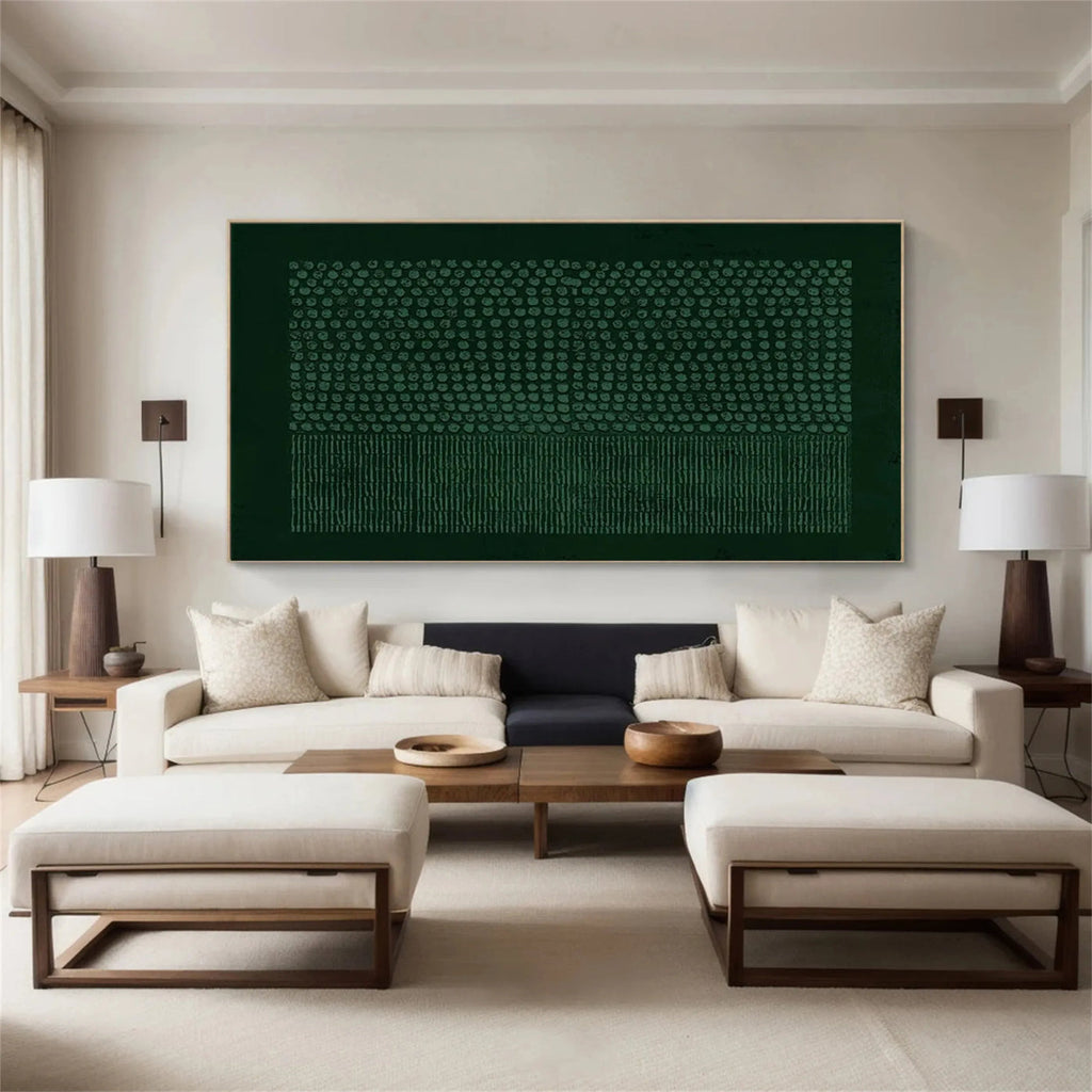 Wabi-Sabi Geometric Textured Wall Art 'Quiet Form' in dark green with dot patterns, mounted above cream sofa in modern living room at Lumi Gallery