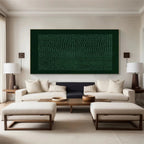 Wabi-Sabi Geometric Textured Wall Art 'Quiet Form' in dark green with dot patterns, mounted above cream sofa in modern living room at Lumi Gallery