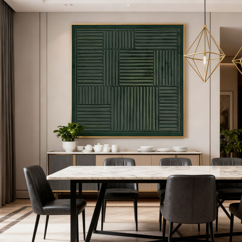 Lumi Gallery 3D textured wabi-sabi geometric wall art in dark green with gold frame over dining area
