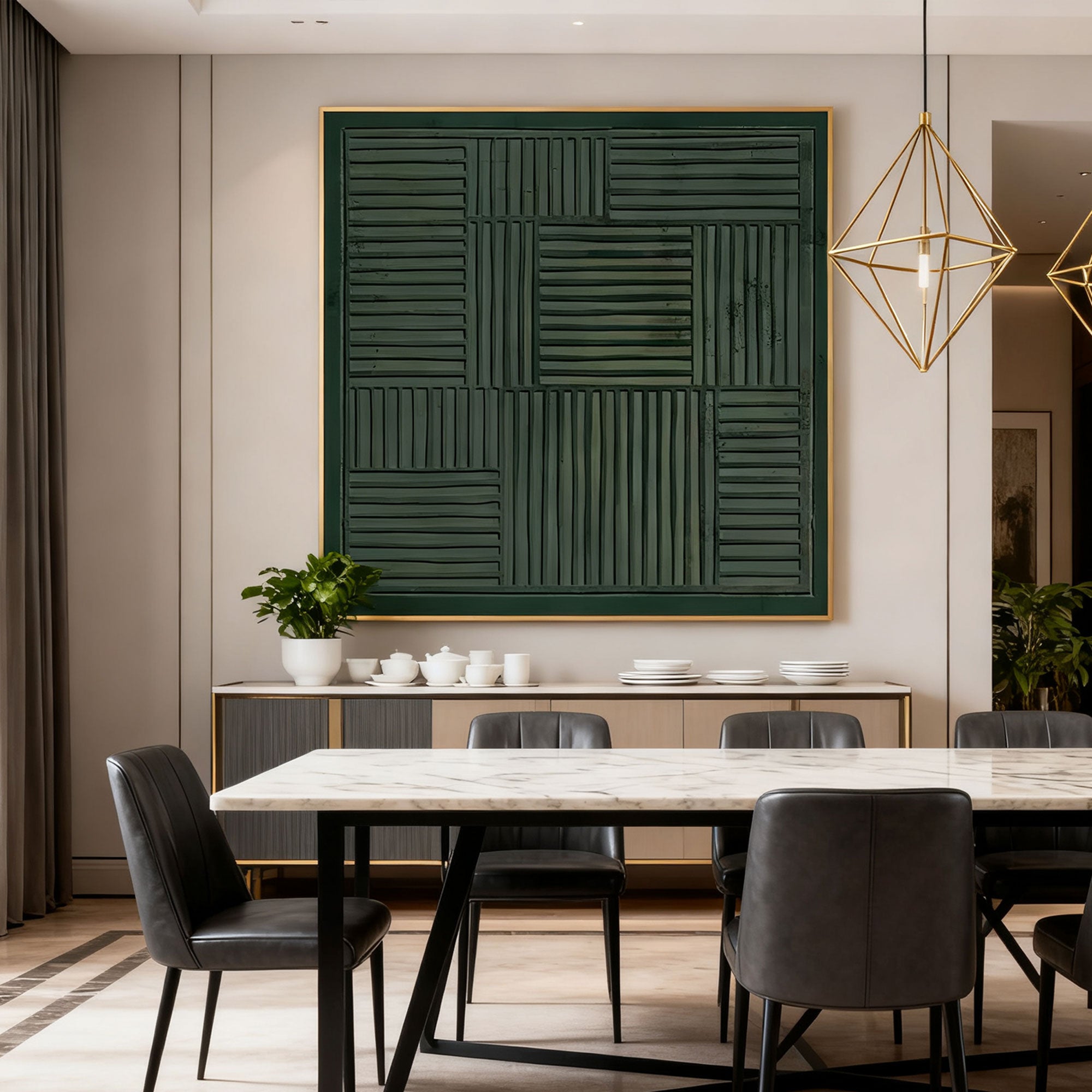 Lumi Gallery 3D textured wabi-sabi geometric wall art in dark green with gold frame over dining area