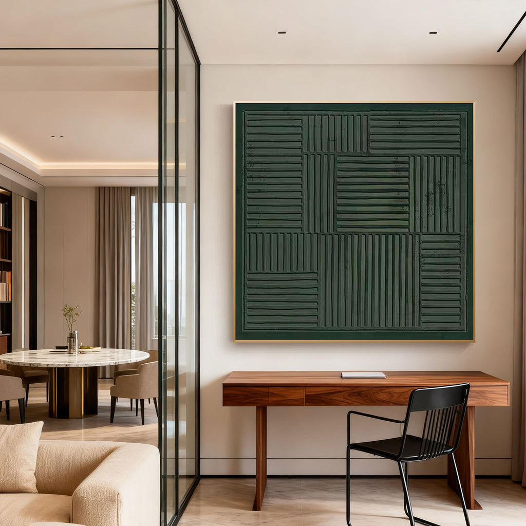 Lumi Gallery 3D textured wabi-sabi woven dark geometric wall art in contemporary home office